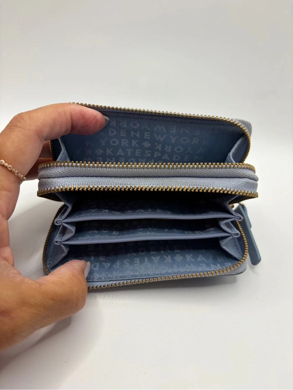 kate spade Powder Blue Zip Around Card Wallet with Gold Logo
